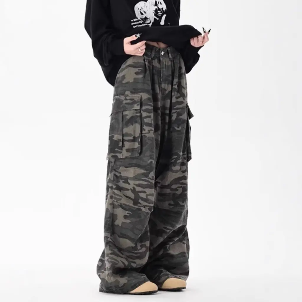 Pantalon de Camouflage américain rétro pour hommes et femmes, avec multi-poches, Design droit plissé, Denim ample à jambes larges, printemps automne