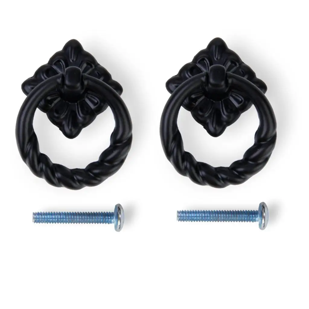 2pcs Matte Black Vintage Drawer Pull Ring Handle Knob Ferronickel for Cabinet Dresser Cupboard Furniture Restoration