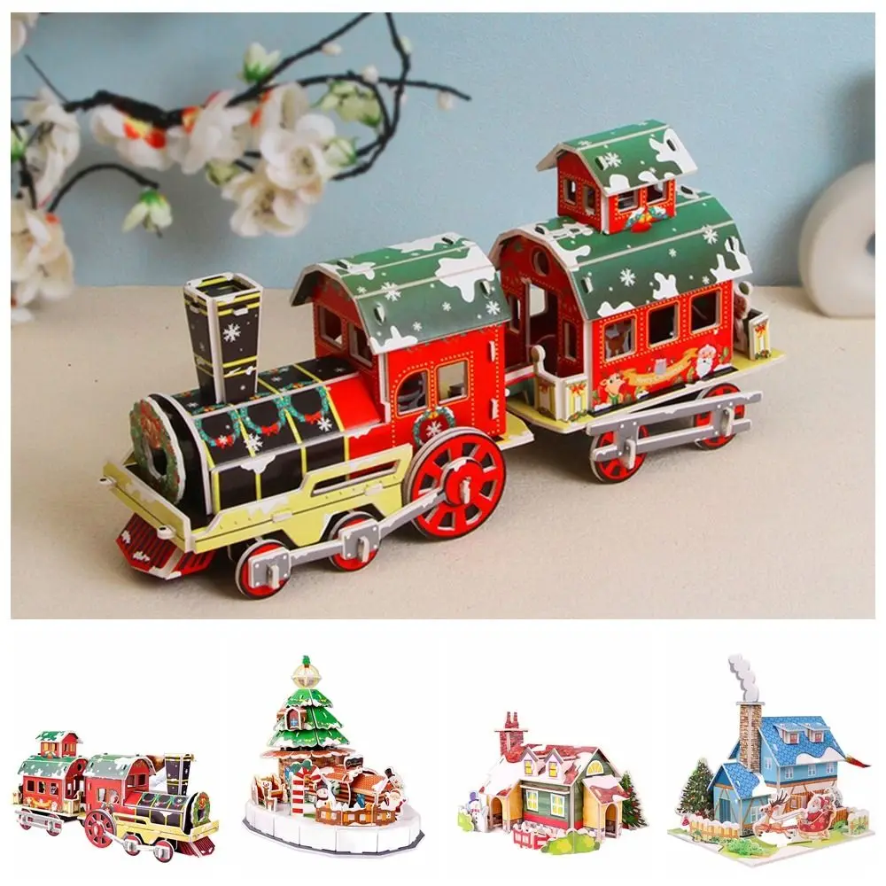 Christmas House Christmas 3D Puzzle Train Christmas Tree Paper Card Jigsaw Assembly Building Blocks DIY Children Model