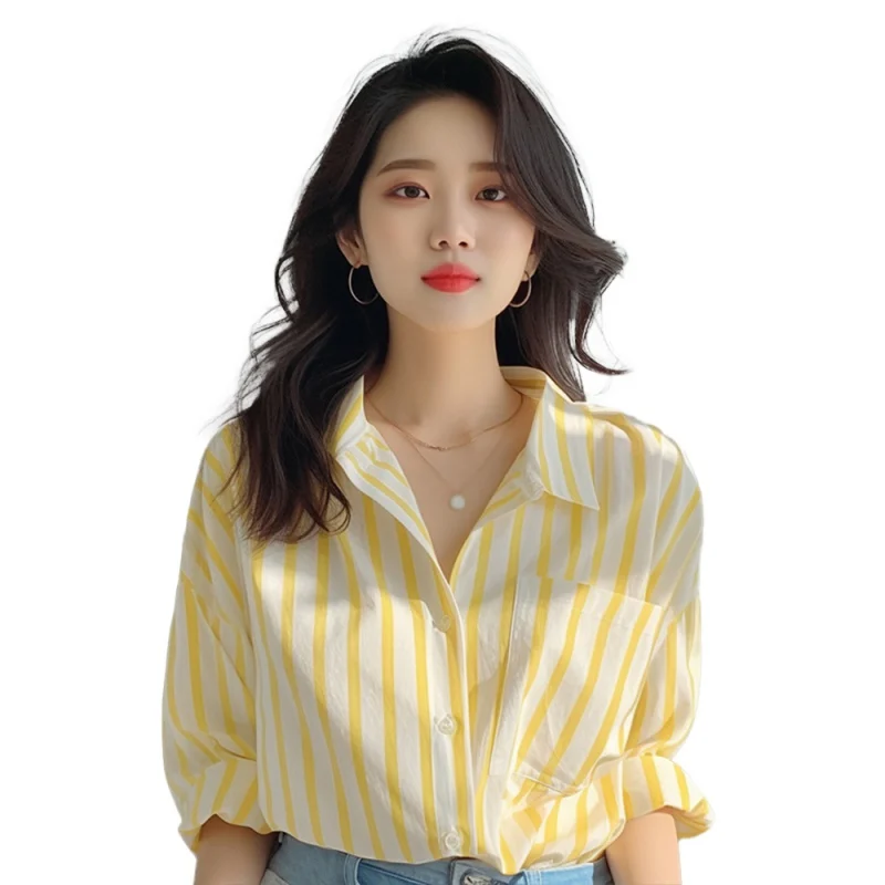 Spring Autumn Women Blouse Lapel Yellow and White Vertical Stripes Loose Fashion Casual Long-sleeved Shirt