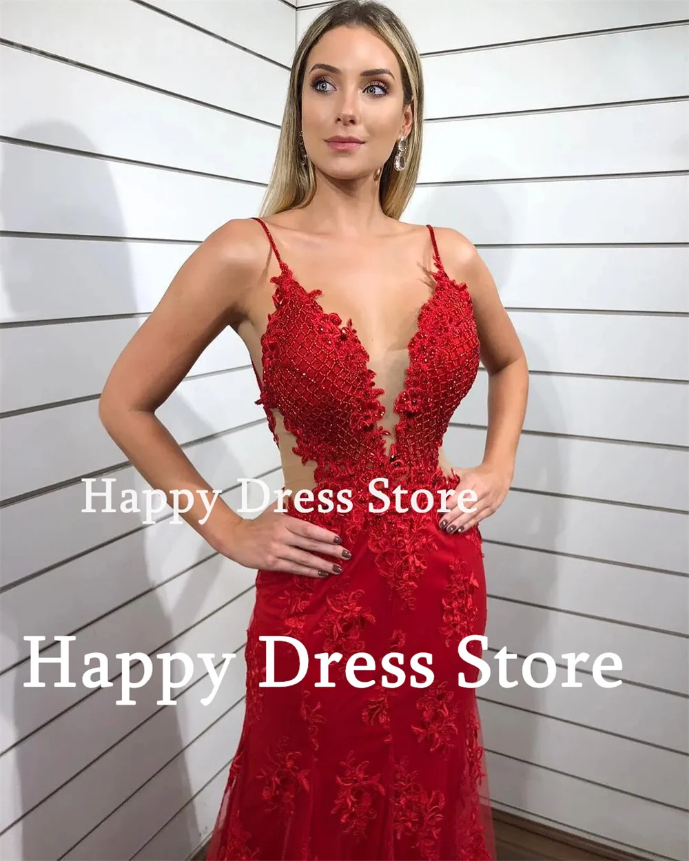 Happy Dress Spaghetti Straps Formal Dress Beads Lace Appliques Prom Evening Dress Red Mermaid Weeding Party Dress Bridal Dress