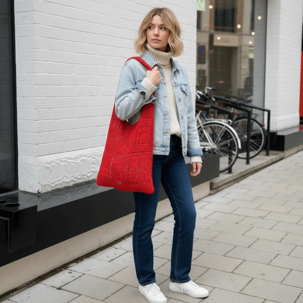 

Однотонная вязаная сумка через плечо, тканая ажурная сумка-сетка в богемном стиле, вместительная сумка для покупок