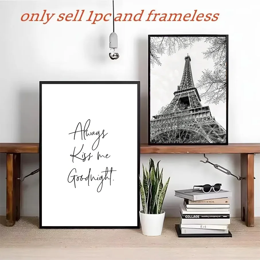 Frameless Canvas Painting Eiffel Tower Black White Wall Art Always Kiss Me Goodnight Text Print Bedroom Decor