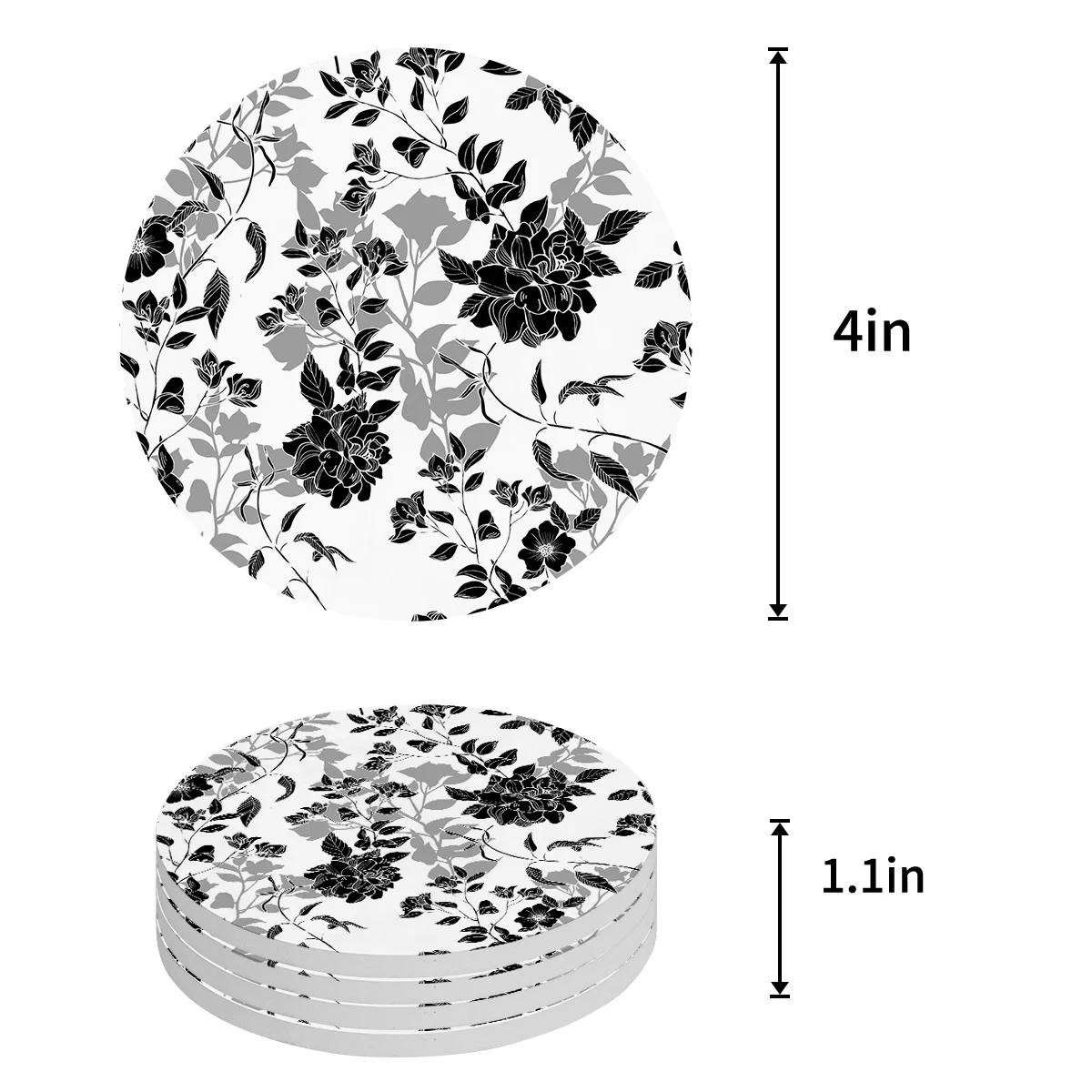 Black And White Flowers Coasters Ceramic Set Round Absorbent Drink Coaster Coffee Tea Cup Placemats Table Mat