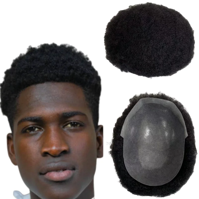 

Brazilian Virgin Human Hair Systems 4mm Afro Color #1 Jet Black Poly Skin Units 8x10 Full PU Toupee for Black Men