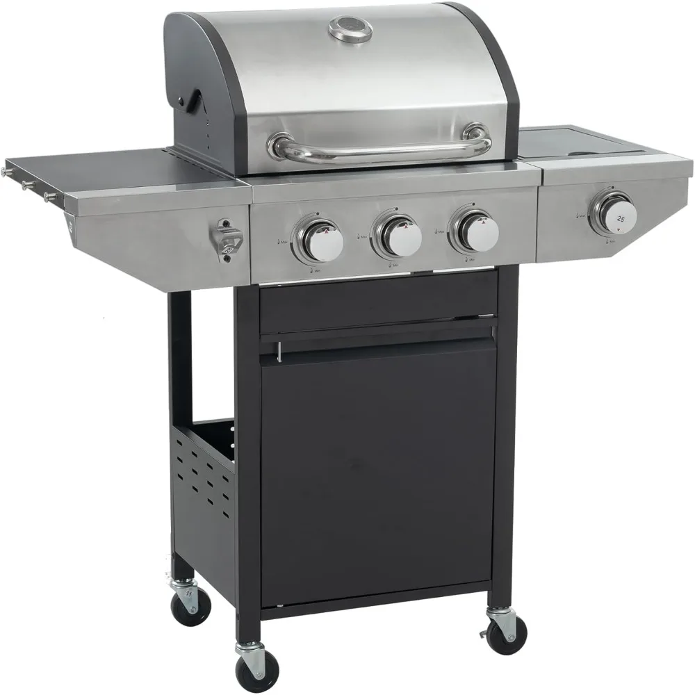 

Gas Grill, 4 Burner BBQ Propane Gas Grill, Freestanding Grill Cart with Wheels, Outdoor BBQ Grill for Garden Cooking Barbecue