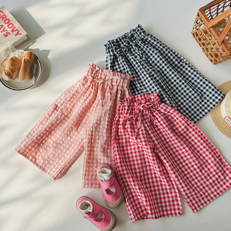 Girls Summer Thin Section Straight Plaid Children's Fashion Middle and Small Children's Wide-legged Nine-minute Trousers