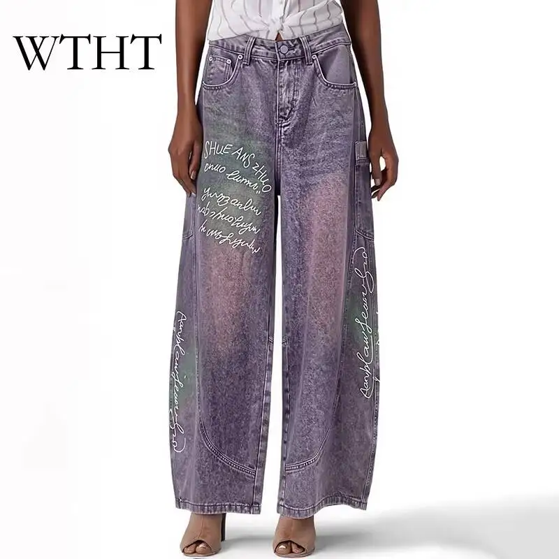 

WTHT Trendy Women Graffiti Design Patch Pocket Cargo Denim Pants Summer 2026 Fashion Gradient Washed Casual Jeans Female 1LS3092