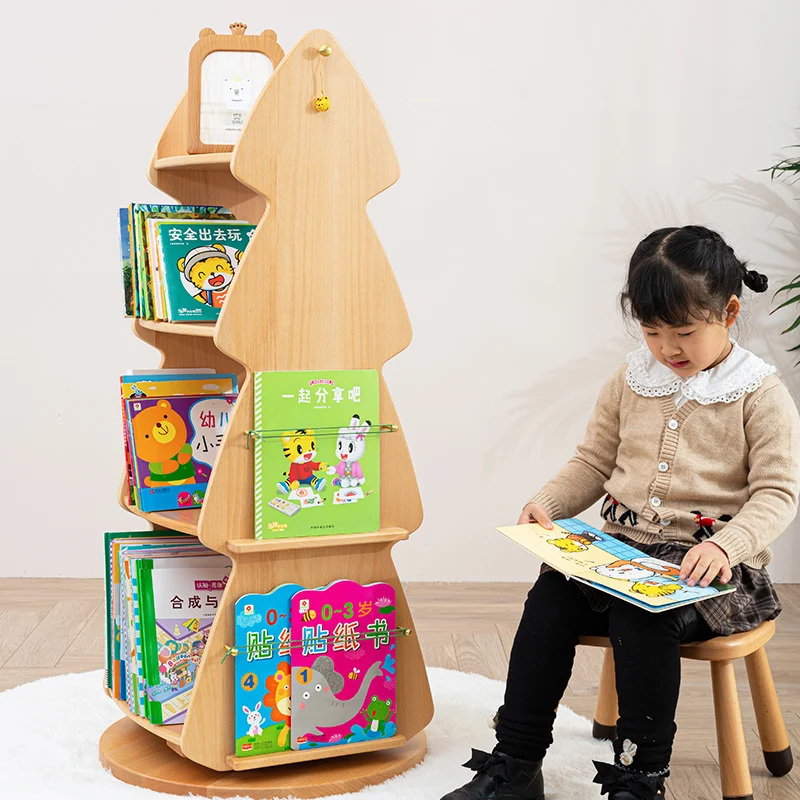 Children's bookshelf picture book rack full solid wood storage learning multi-layer log color 360-degree solid wood rotating