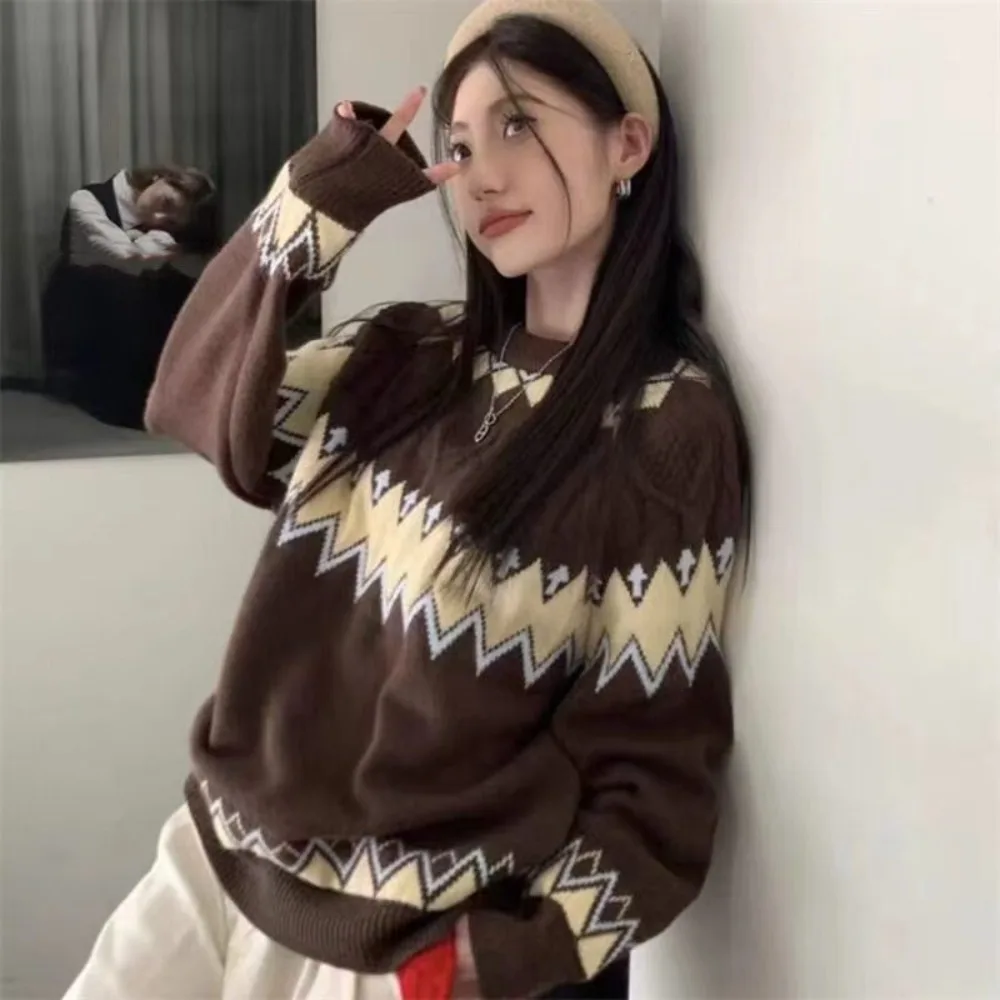 Women Vintage Argyle Crew Neck Sweater AutumnWinter Lazy Style Contrast Color Embroidery Knit Thick Pullover Ladies Knitwear Top