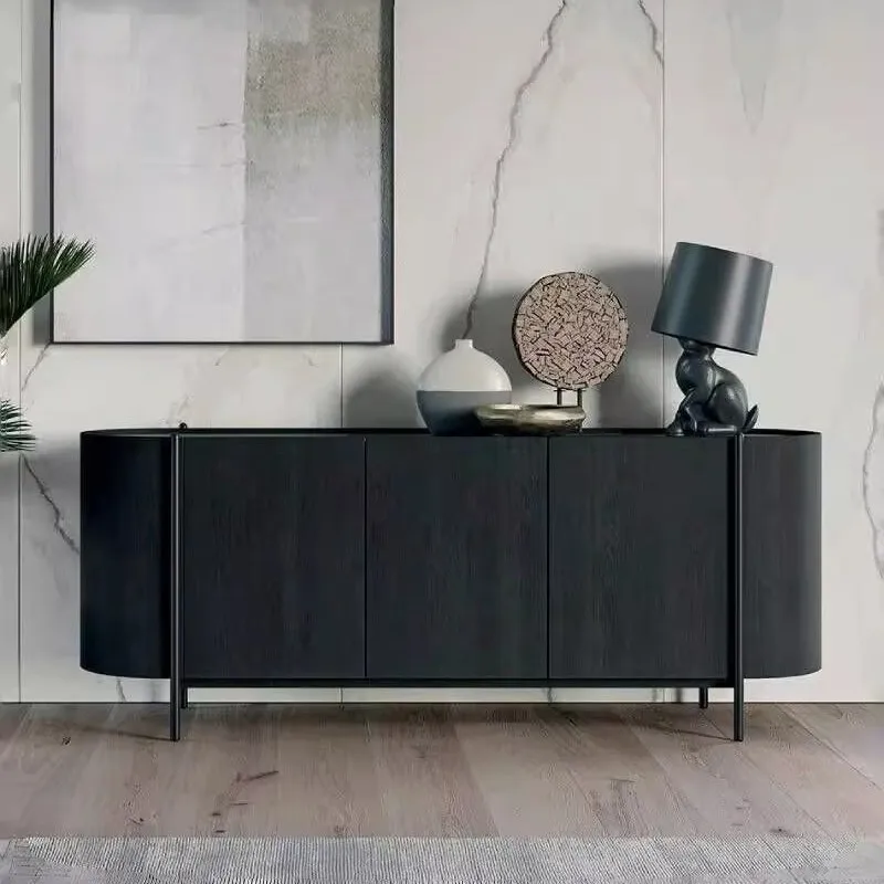 Italian minimalist arc black oak solid wood side cabinet, tea cabinet, wabi-sandy wind entrance cabinet