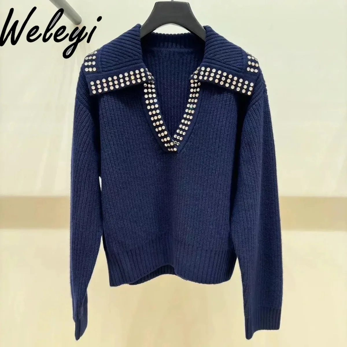 

Elegant Large Lapel Rhinstones Knitted Sweater 2024 Autumn and Winter Loose French Hot Diamond Long Sleeve Knitwear Sueter Mujer