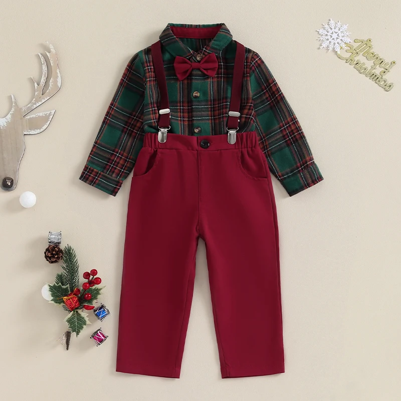 2023-10-20 Lioraitiin 1-7Y Kids Boys Christmas Outfit Plaid Bowtie Lapel Button-Down Shirts Tops Solid Suspender Pant 2Pcs