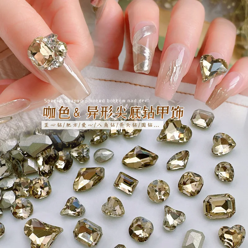 

Mix 60 pcs of coffee-colored nail art crystal gemstone pointed-bottom large diamond-shaped axe fat square irregular nail diamond