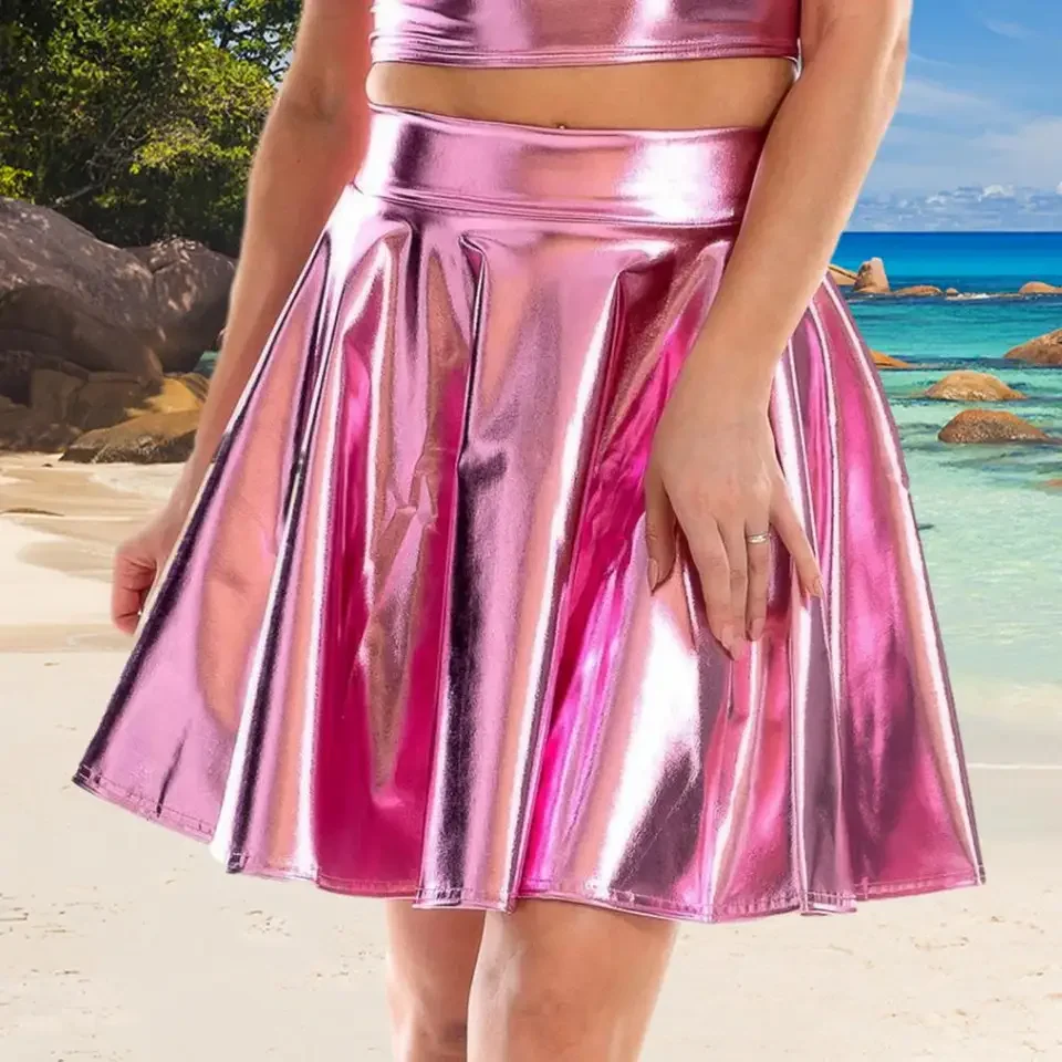 Patent Leather Skirt High-waisted Faux Leather Skater Skirt for Women Shiny Patent Texture Party Mini Skirt Versatile