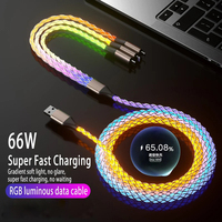 3 IN 1 66W 6A Fast Charging Cable RGB Light USB Type C Micro Data Cord For iPhone 14 Pro Max Xiaomi Redmi 13 Oneplus 12 POCO X6