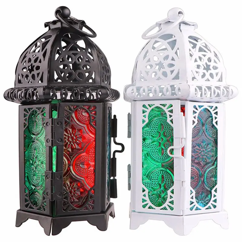 A36T-Classic Moroccan Decor Windproof Candle Holders Votive Iron Glass Hanging Candlestick Candle Lantern Party Home Wedding Dec