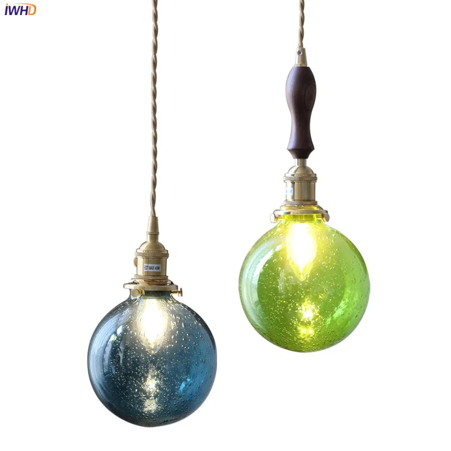 

IWHD Bule Green Glass Ball LED Pendant Lights Fixtures Home Indoor Bedroom Dinning Room Porch Nordic Modern Copper Hanglamp