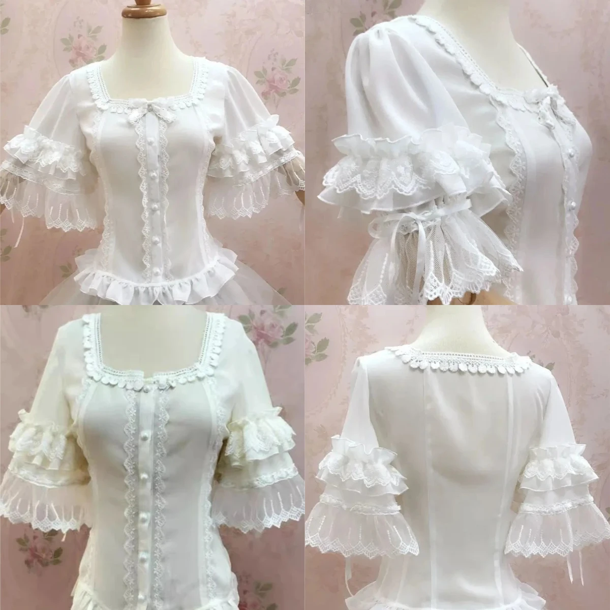 Lolita Y2K Vintage Women Blouses Square Neck Lace Half Flare Sleeve Sweet Ruffle Button Slim Fashion Daily Shirts