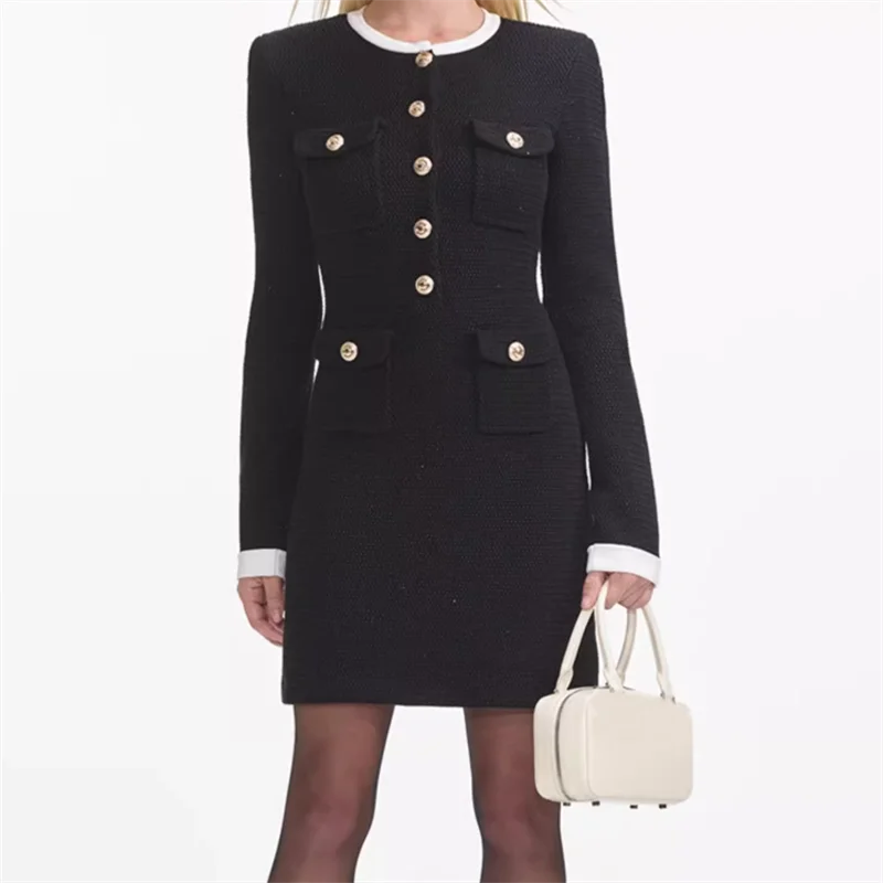 

Women's dress New elastic knitted slim mini dress for summer 2025 Multi pocket decorative round neck short dresses party dresses