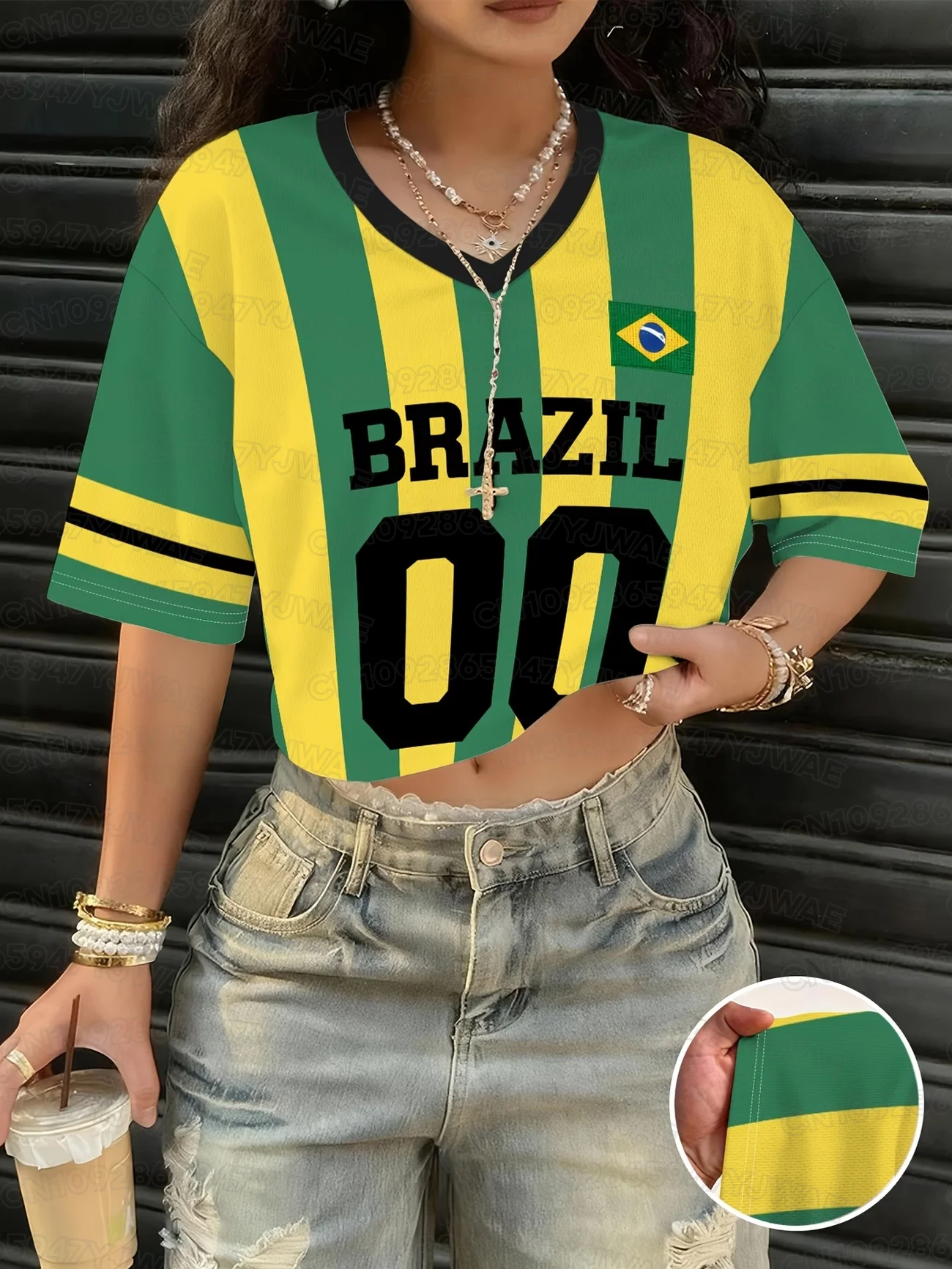Women's Brazil 00 Print V-Neck Short Sleeve T-Shirt Summer Graphic Tee Jerseys Plus Size Sport T-Shirt
