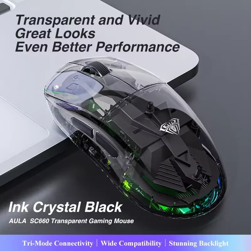 SC660 ماوس بلوتوث لاسلكي شفاف، اتصال ثلاثي الأوضاع، خفيف الوزن وقابل لإعادة الشحن، 10000 ديسيبل متوحد الخواص، لعبة رياضية إلكترونية
