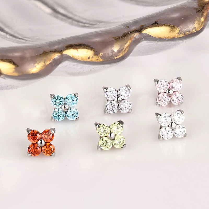 G23 Titanium Labret Rings Piercing with Internal Thread 16G 5A CZ Flower Tragus Helix Cartilage Nose Stud Earrings Jewelry