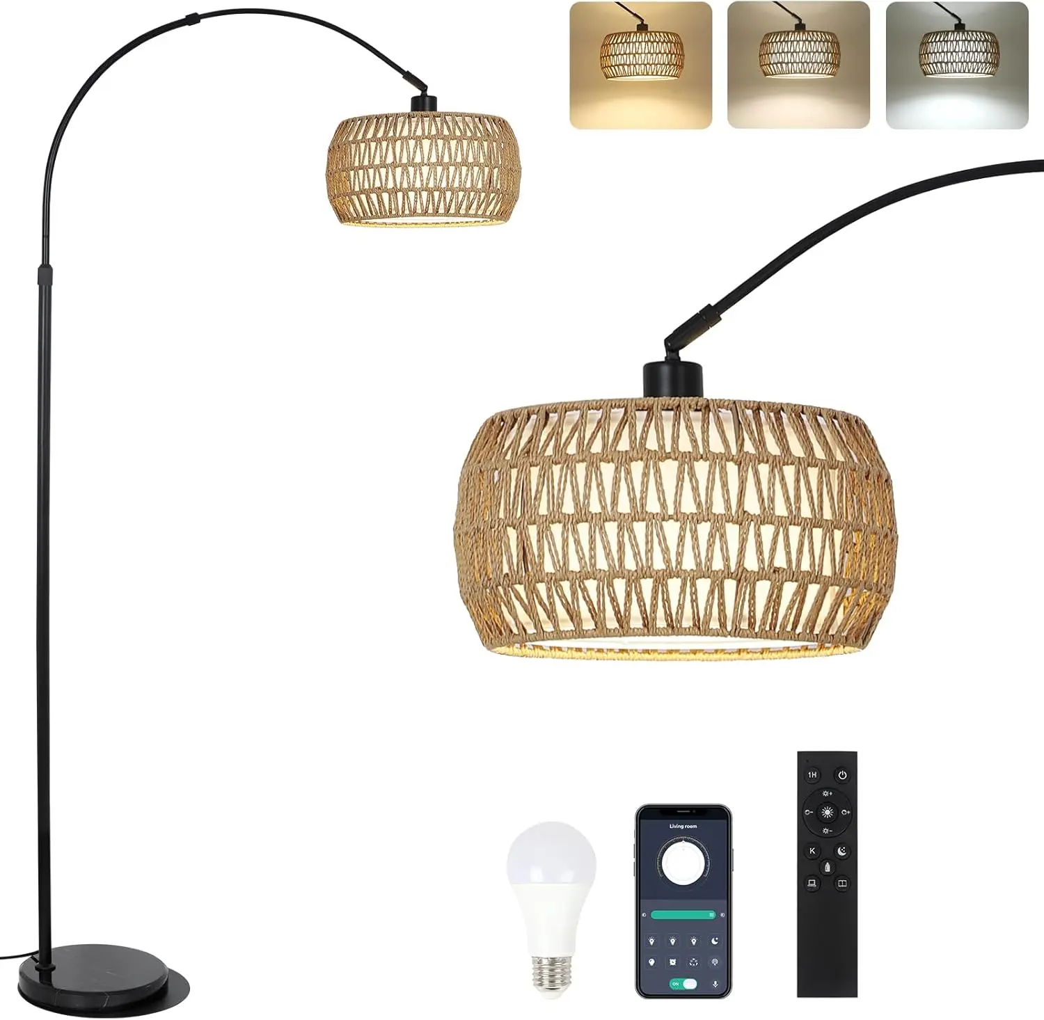 

Arc Floor Lamps for Living Room with 3 Color Temperatures, Black Standing Lamp with Remote & Dimmable LED Bulb, Rattan Boho