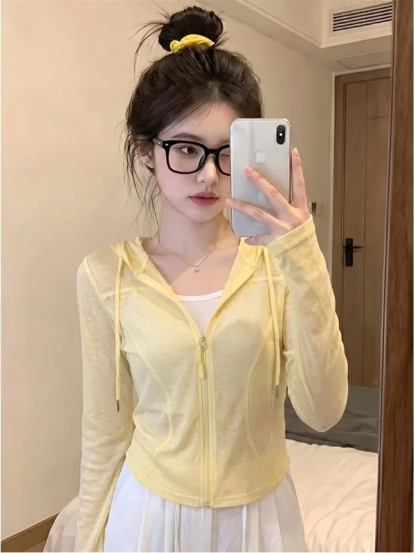 Summer New Style Women's Slim Fit Long Sleeve UV Protection Clothing Double Zipper Light Weight Yellow Color Hot Girl Style T...