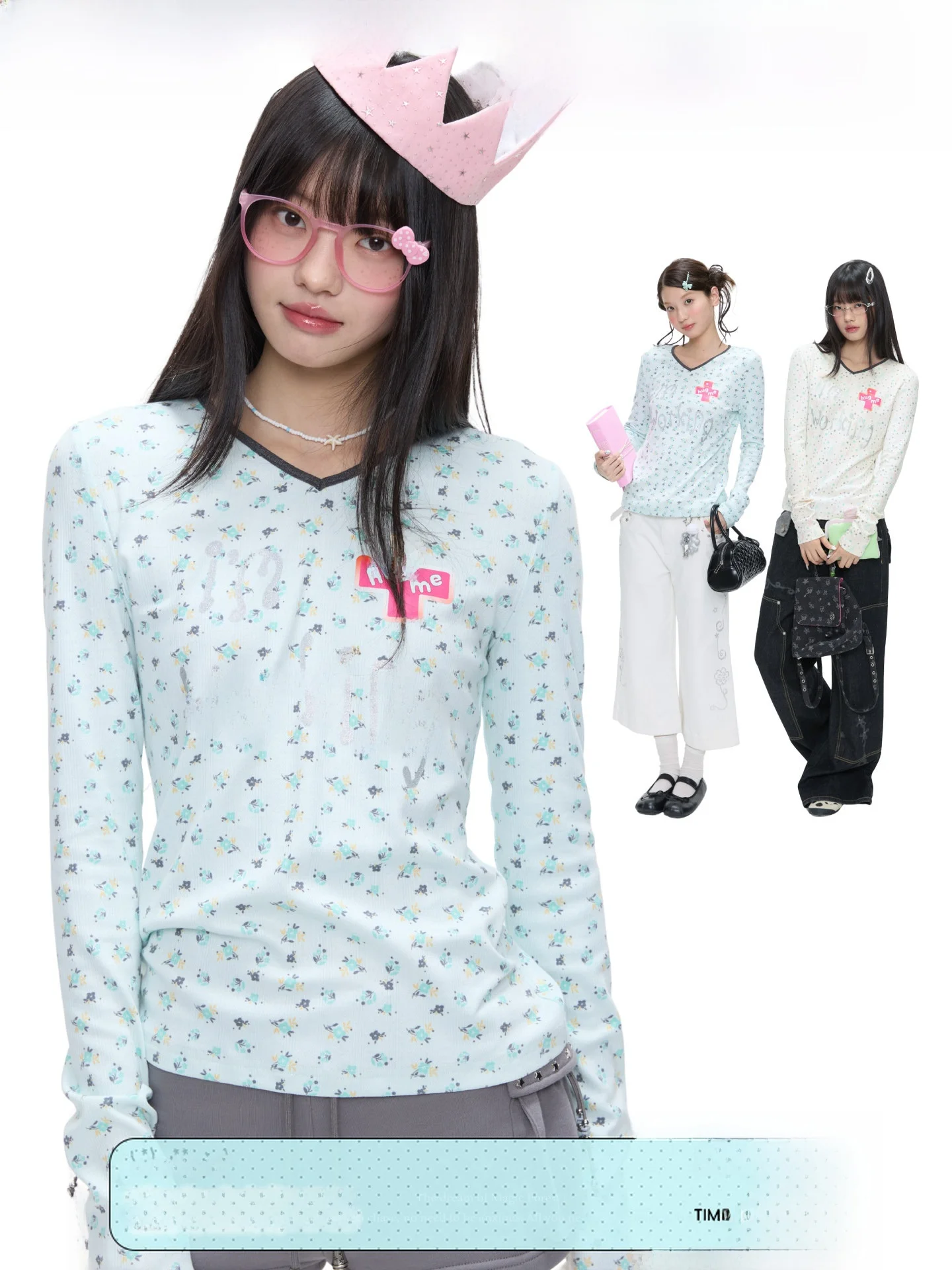 Loose Long Sleeve V-Neck Work T-Shirt Music Box Melody Print Commute Style Polyester Blend Comfortable Ladies Top
