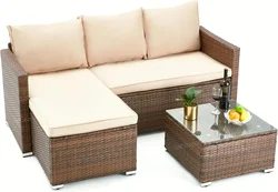 Outdoor Patio Furniture Set All-Weather Wicker Rattan Sectional Sofa with Tempered Glass Table and Washable Cushions for Garden