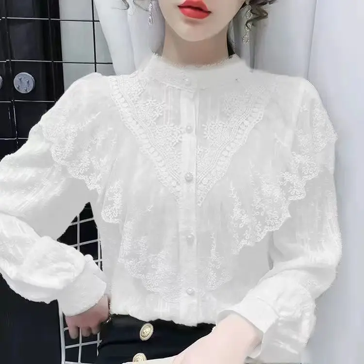 Korean Women Embroidery Blouse Stand Collar Long Sleeves Short Open Stitch Lace Shirt Office Lady Mesh Patchwork Top T779