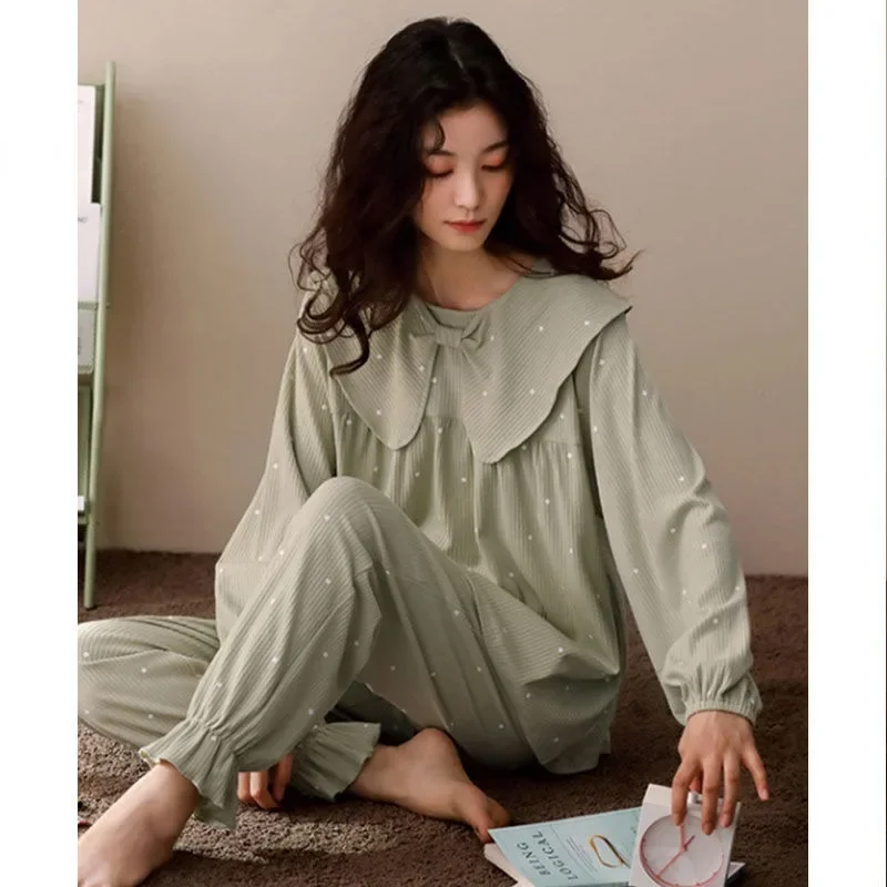 2024 New Girls' Pajamas Spring and Autumn Loungewear Cotton Long Sleeve Loose Falbala Sleepwear Cute Doll Neck Homewear Set