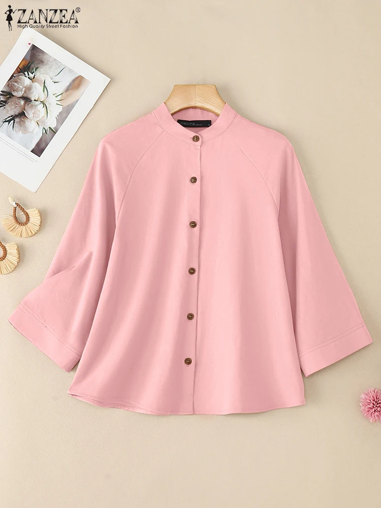 Camicie da donna ZANZEA 2025 Camicia da lavoro solida autunnale Elegante colletto alla coreana Camicetta con maniche a 3/4 Bottoni casual Up Blusas Mujer Top femminili
