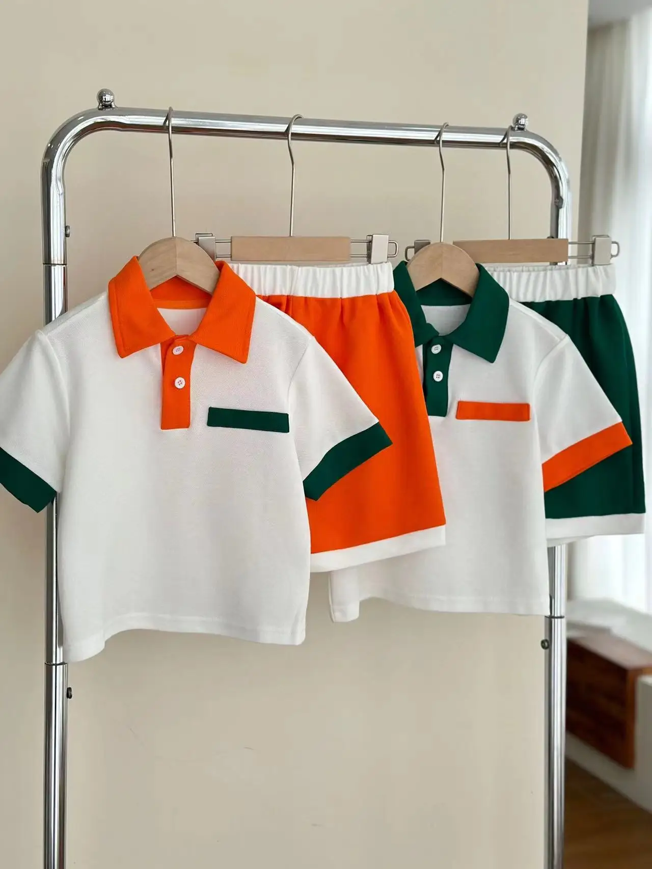 

2024 New Summer Fashion Green Orange Boys Girls Toddler Clothing set Size Holiday Outfit 4 6 8 10 12Years