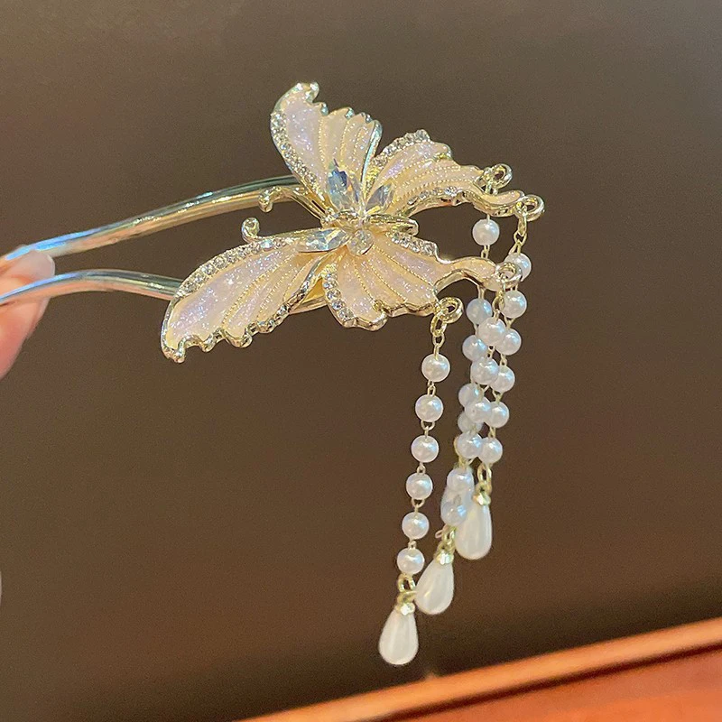 중국 스타일 진주 술 머리핀, 고대 스타일 흔들리는 머리핀 여성용, 가벼운 럭셔리 U자형 말 얼굴 치마 머리핀