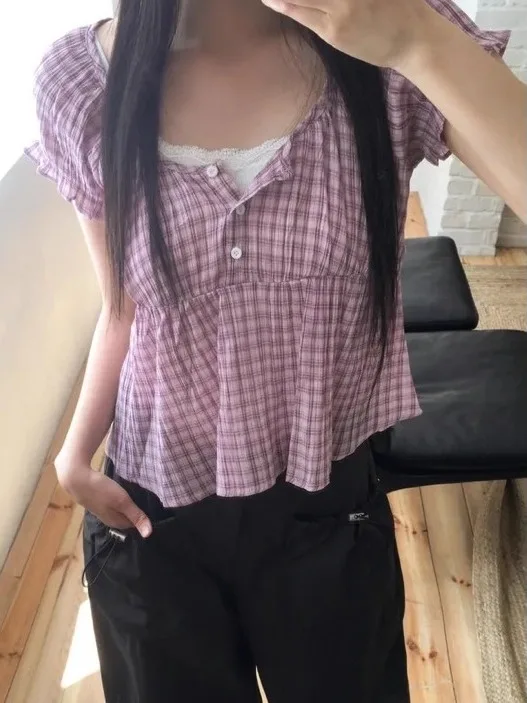 

Женская летняя блузка с квадратным воротником в стиле ретро, синяя клетчатая женская блузка Bubble Sve irt ort Length Top Faion