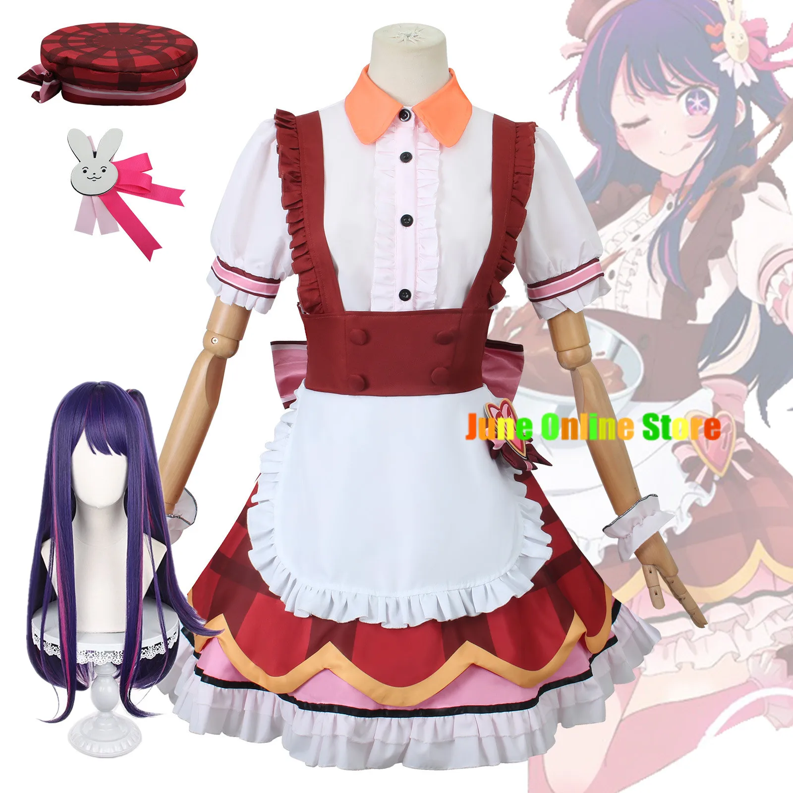 Neue Ankunft Ai Hoshino Cosplay Kostüm Oshi No Ko Cosplay Perücke Schokolade Lolita Maid Bunny Haarnadel Kleid Frauen Event Party Outfit