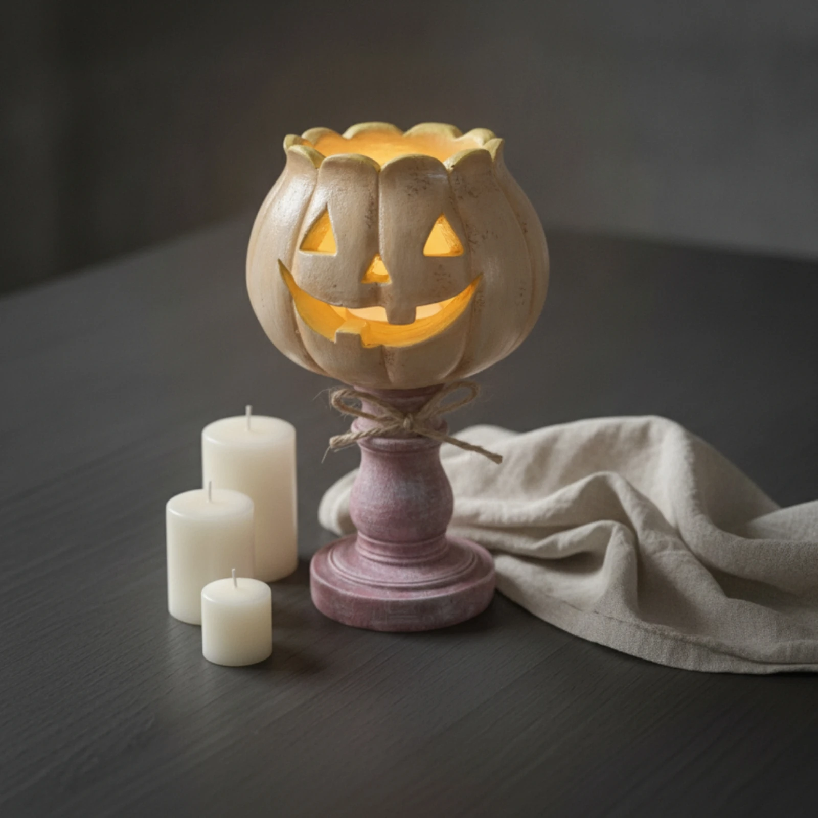 Resin Pedestal Pumpkin Candle Holder Rustic Resin Pumpkin Candle Holder with Bow Tabletop Decor Textured Artisan Look
