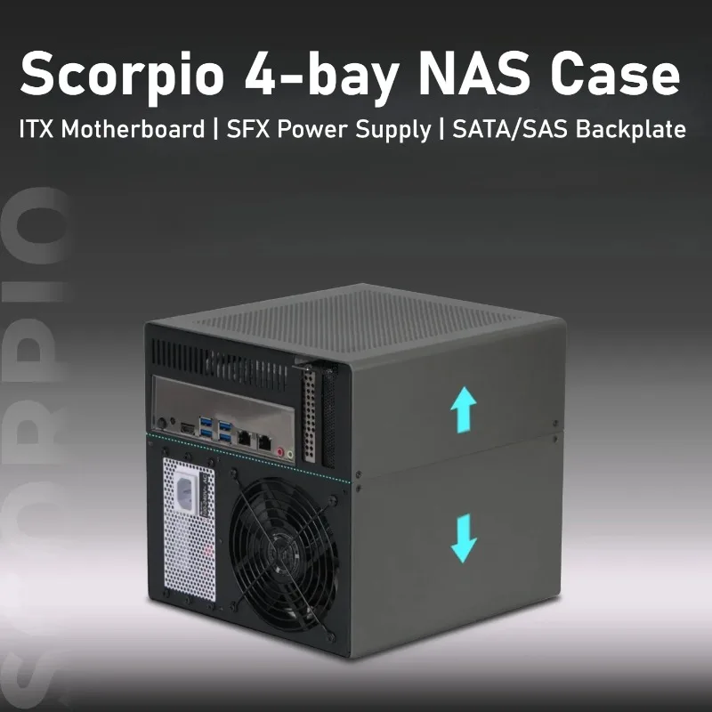 Scorpio 4-Bay NAS Case, 1.5mm Anodized Aluminum, ITX Motherboard | SFX Power Supply | SATA/SAS Backplate
