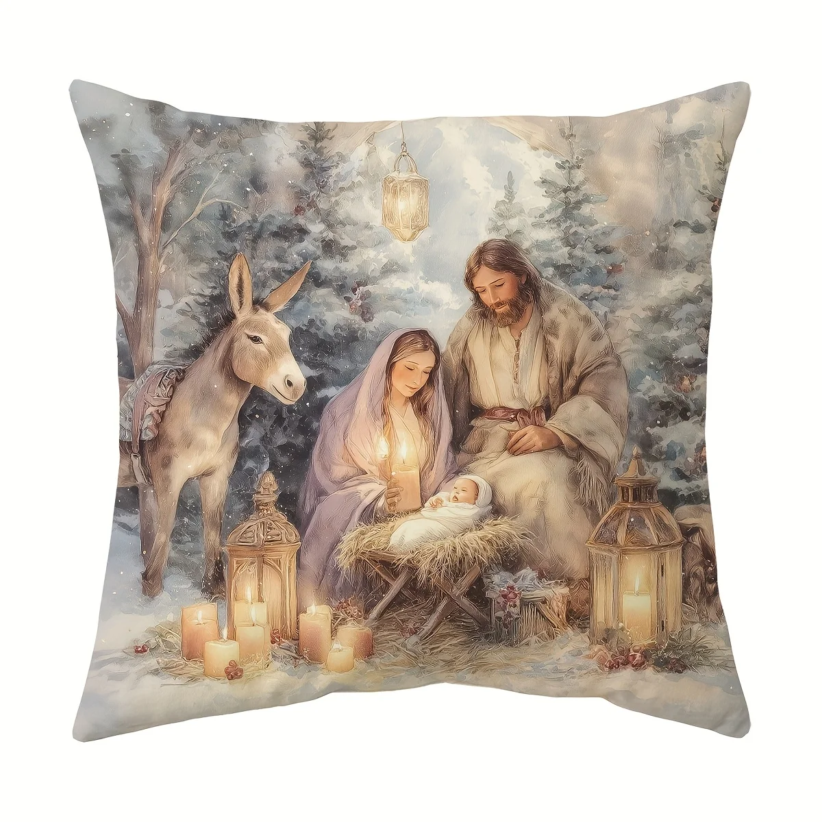Religious Nativity Throw Pillowcase 45x45cm, Retro Holiday Design, Zipper Closure, Machine Washable for Living Room Bed