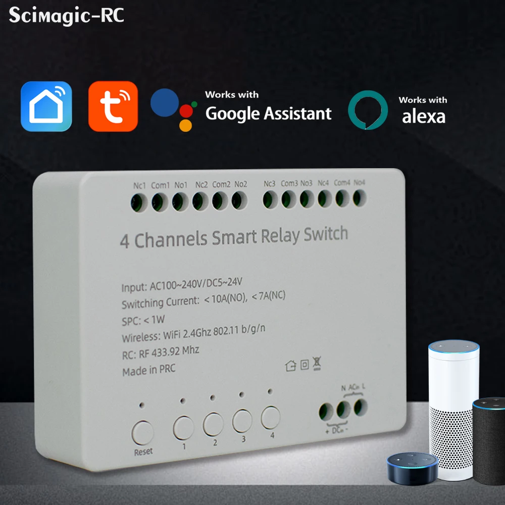 

4CH Tuya WIFI Smart Relay Switch AC 100-240V or DC 5-24V Dry Contact Home Automation Module Timer For Alexa Google Home
