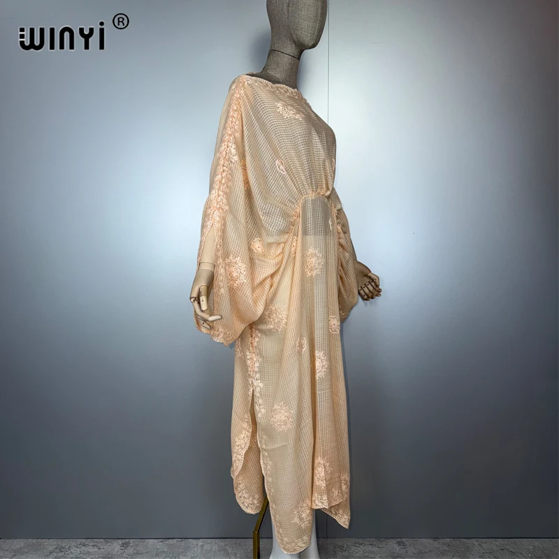 WINYI femme musulmane robes longue vers le bas caftan robe de soirée Perspective robe brodée femme vacances abaya dubaï luxe Caftan