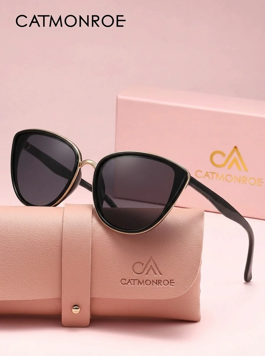 CATMONROE Polarized Cat Eye Sunglasses Women Pink Metal Rim Gradient Brown Lens UV400 Anti Glare Sun Glasses For Driving Beach