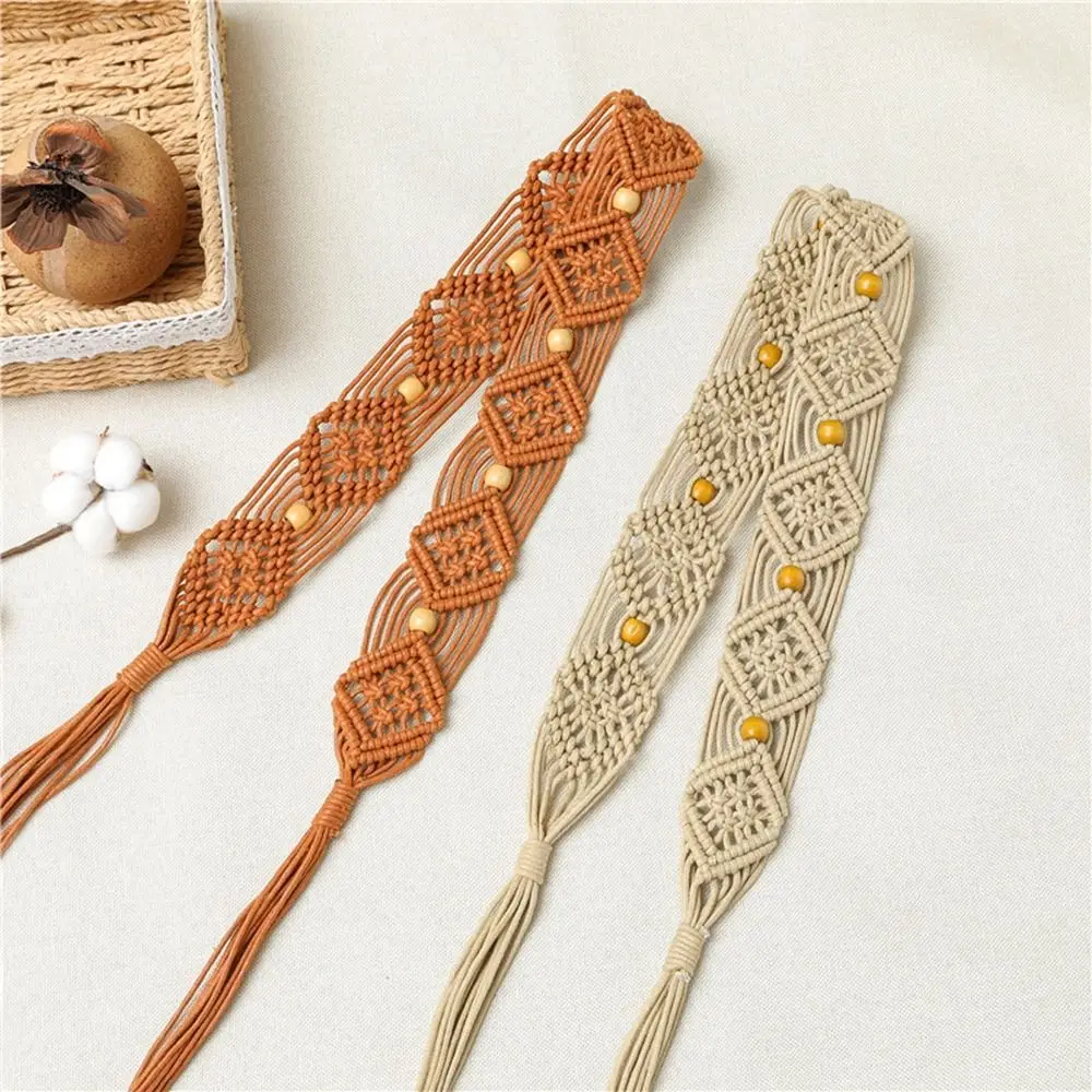 

Personality All-match Beach Wax Rope Waist Rope Beads Braided Belt Women Waist Chain Round Wooden Button Ethnic Style Belts
