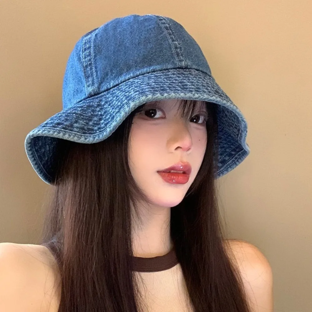 

Fashion Sunshade Denim Bucket Hats Cloth Wide-Brim Retro Fisherman Hat Lightweight Blue Sun Protection Basin Cap Camping