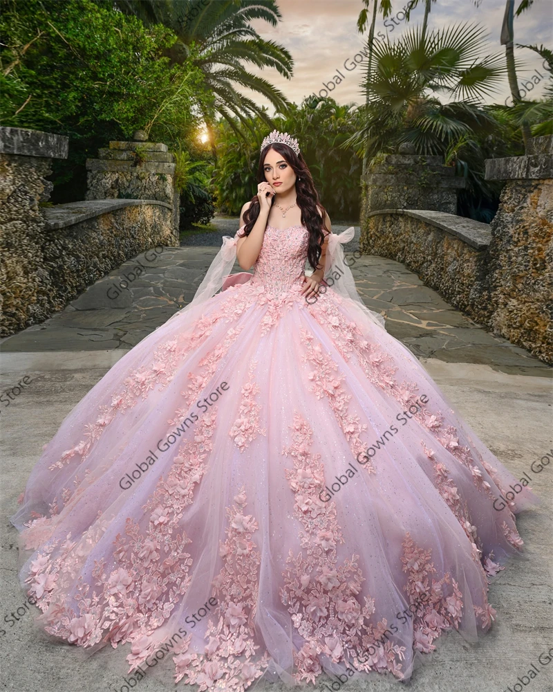 Customized 2025 Pink Quinceanera Dress Ball Gown Floral Applique Beading Bow Corset Sweet 16 Vestidos De 15 Anos
