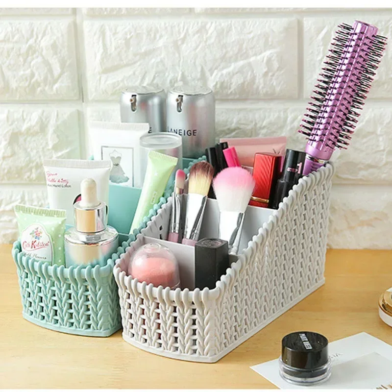 1pc Imitation Rattan Storage Basket Multi-grid Storage Box Desktop Cosmetics Box Creative Household Goods Storage Basket