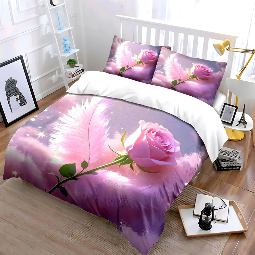 

"Elegant Rose and Feather Decor" kid's and adults' bedroom decor, Exquisite three-piece bedding set gift