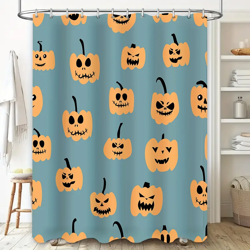 Blue Halloween-themed pumpkin shower curtain with spooky faces perfect for a haunted house!